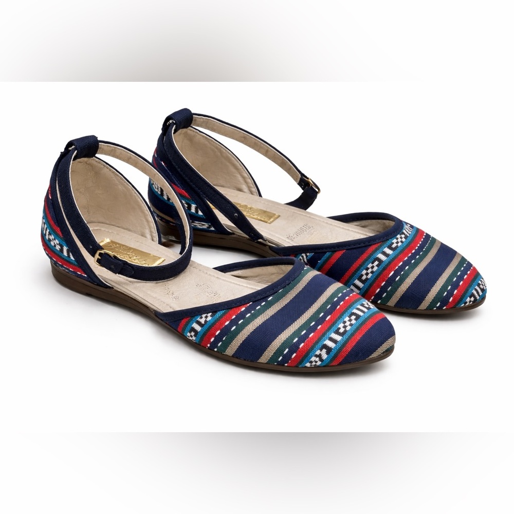 Navy Striped Ankle-Strap Flats with Multicolor Accents